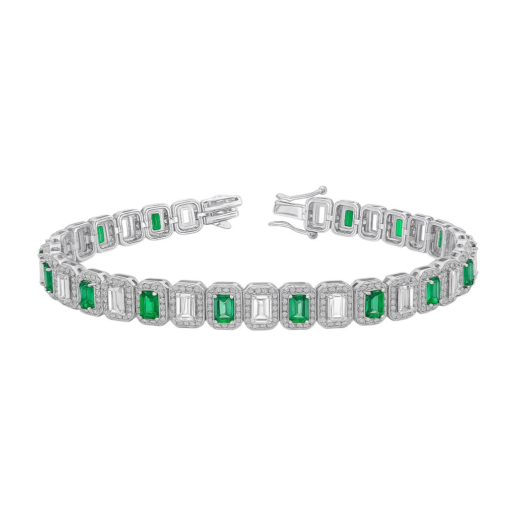 Sterling Silver Alternating Colored Baguette CZ Halo Tennis Bracelet (7.25")