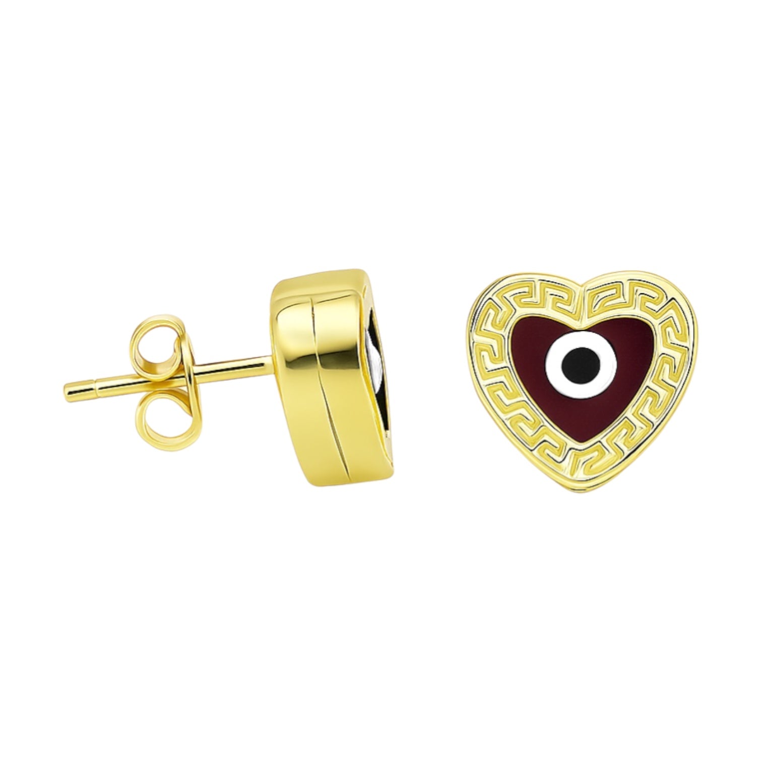 14K Yellow Gold Red Evil Eye Heart Stud Earrings