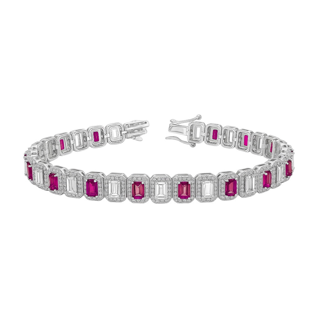 Sterling Silver Alternating Colored Baguette CZ Halo Tennis Bracelet (7.25")