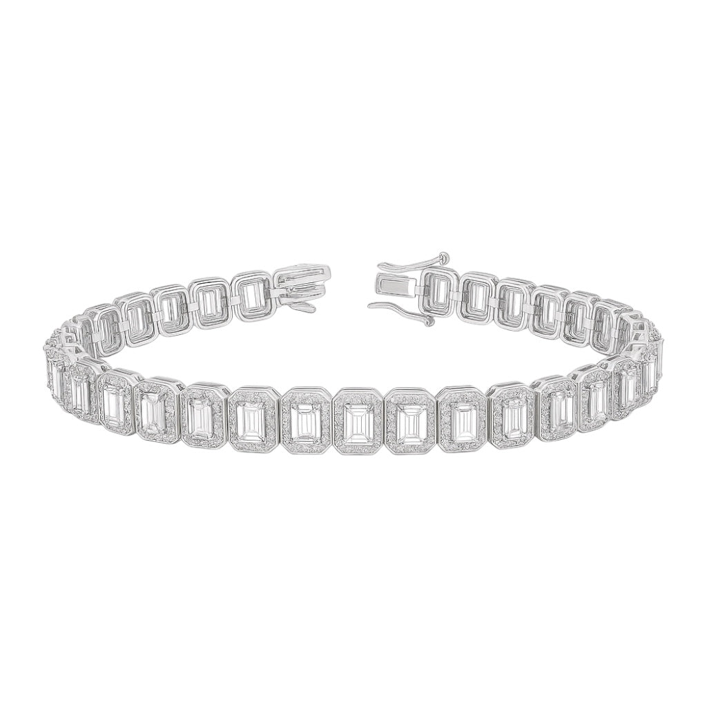 Sterling Silver Alternating Colored Baguette CZ Halo Tennis Bracelet (7.25")