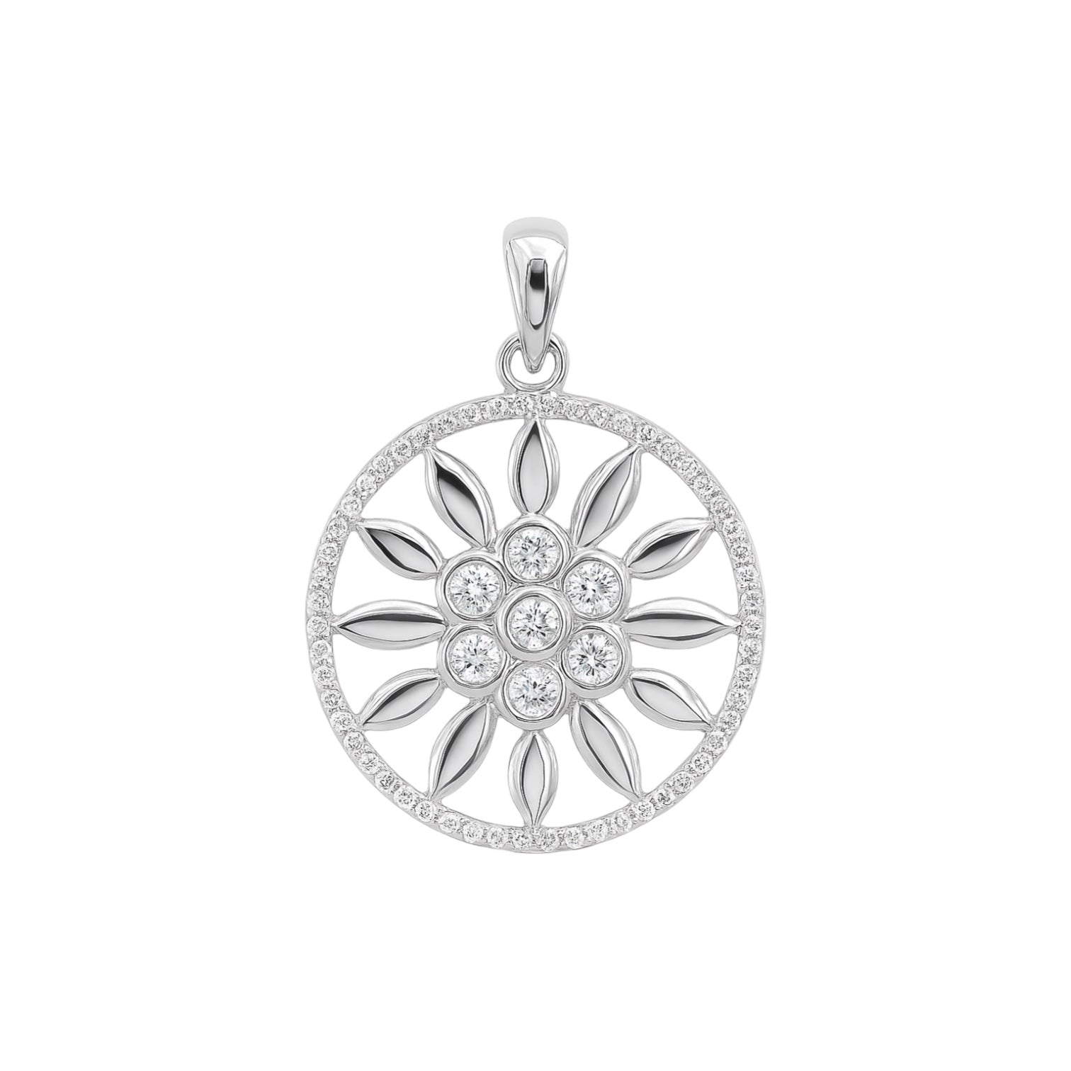Sterling Silver CZ Round Flower Pendant