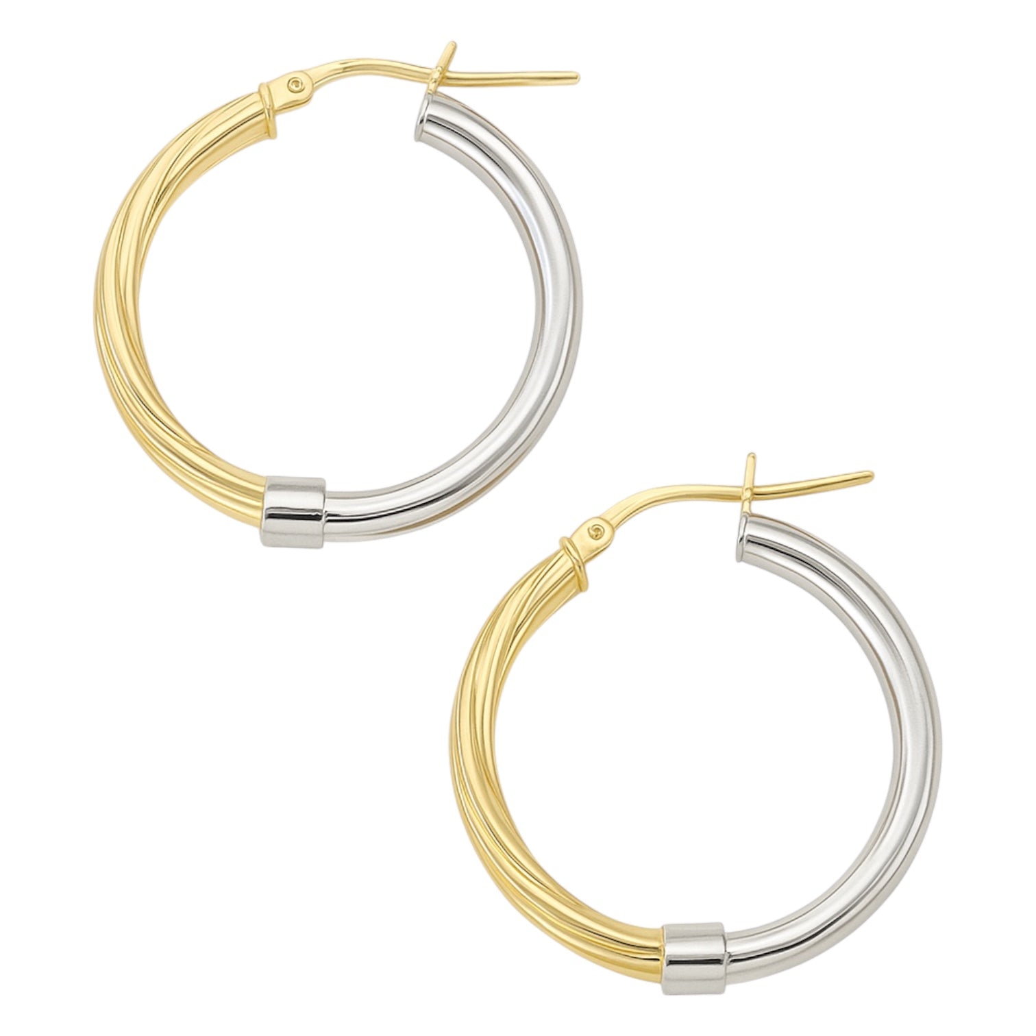 Sterling Silver Two Tone Half Twisted Design Round Hoop Earrings