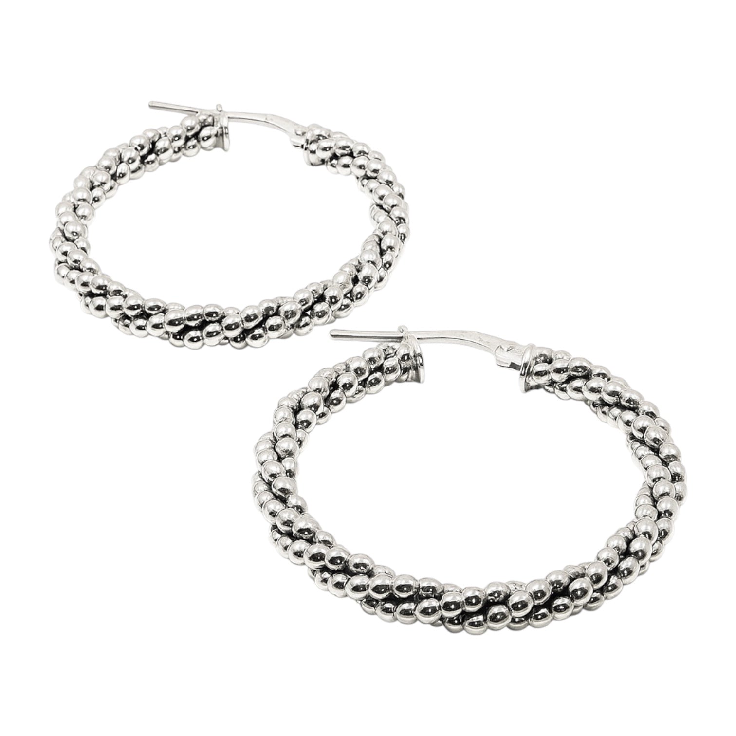 Sterling Silver Rhodium Beaded Twisted Round Hoop Earrings