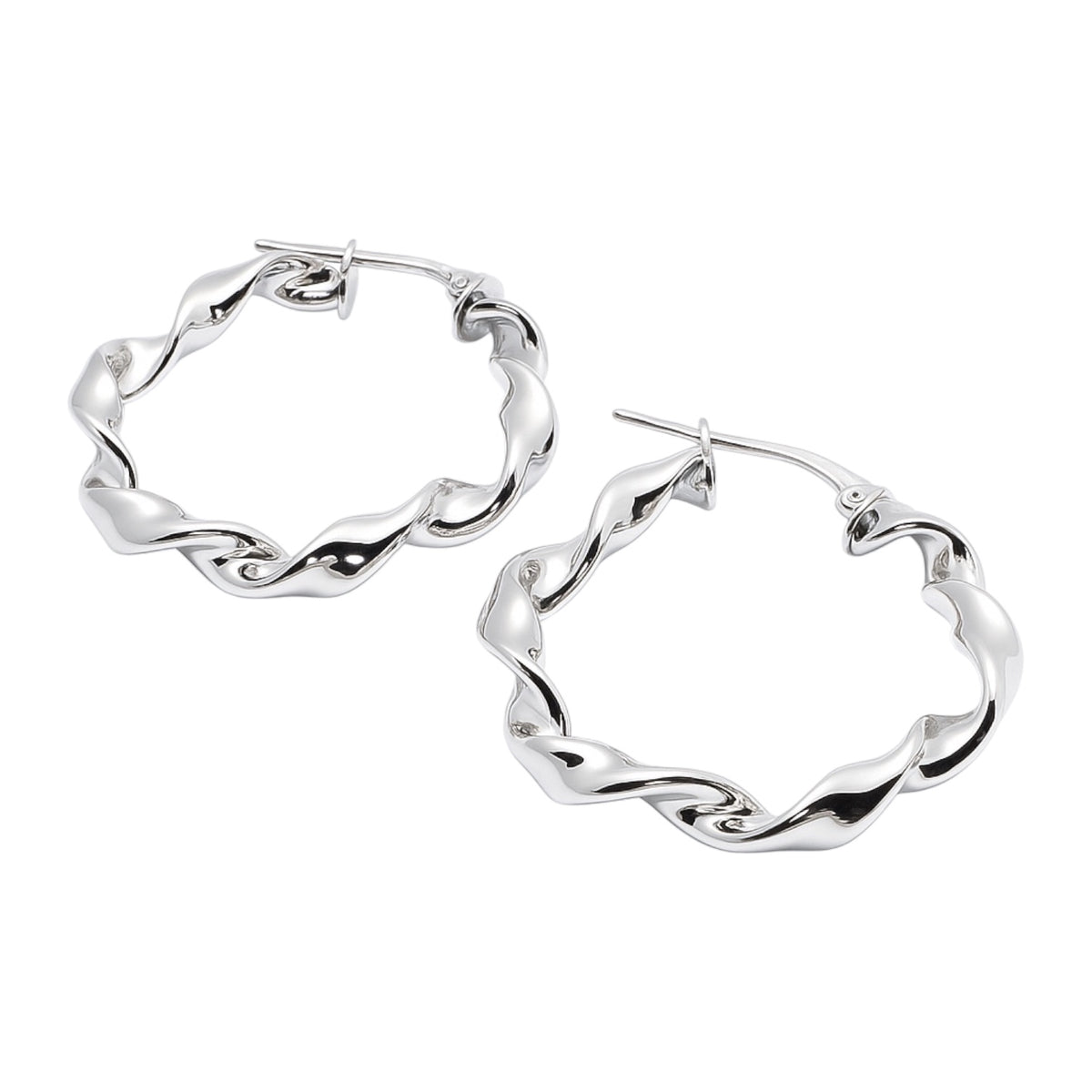 Sterling Silver Rhodium Twisted Round Hoop Earrings