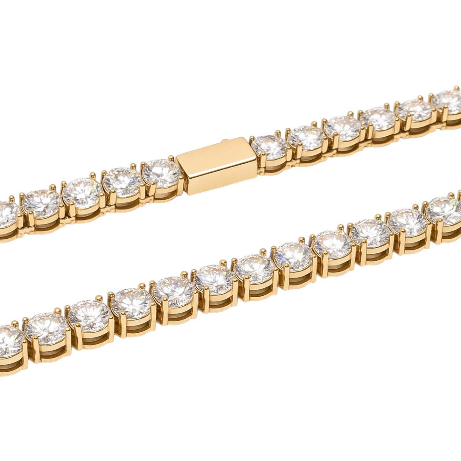 Gold bracelet with moissanite gemstones on a white background