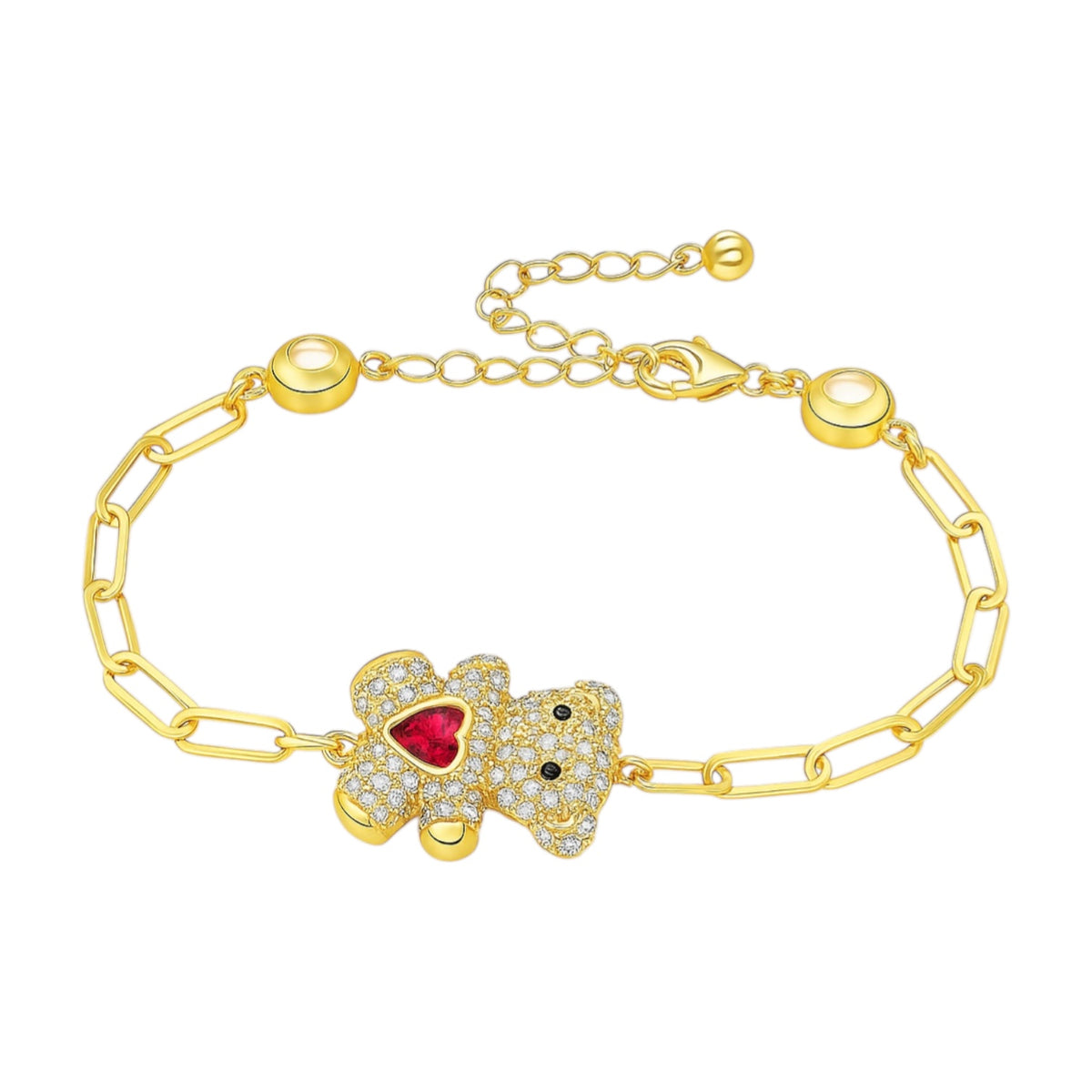 14K Yellow Gold CZ Teddy Bear W/ Pink Heart Paperclip Bracelet (7"+1") (5.9 GRAMS)