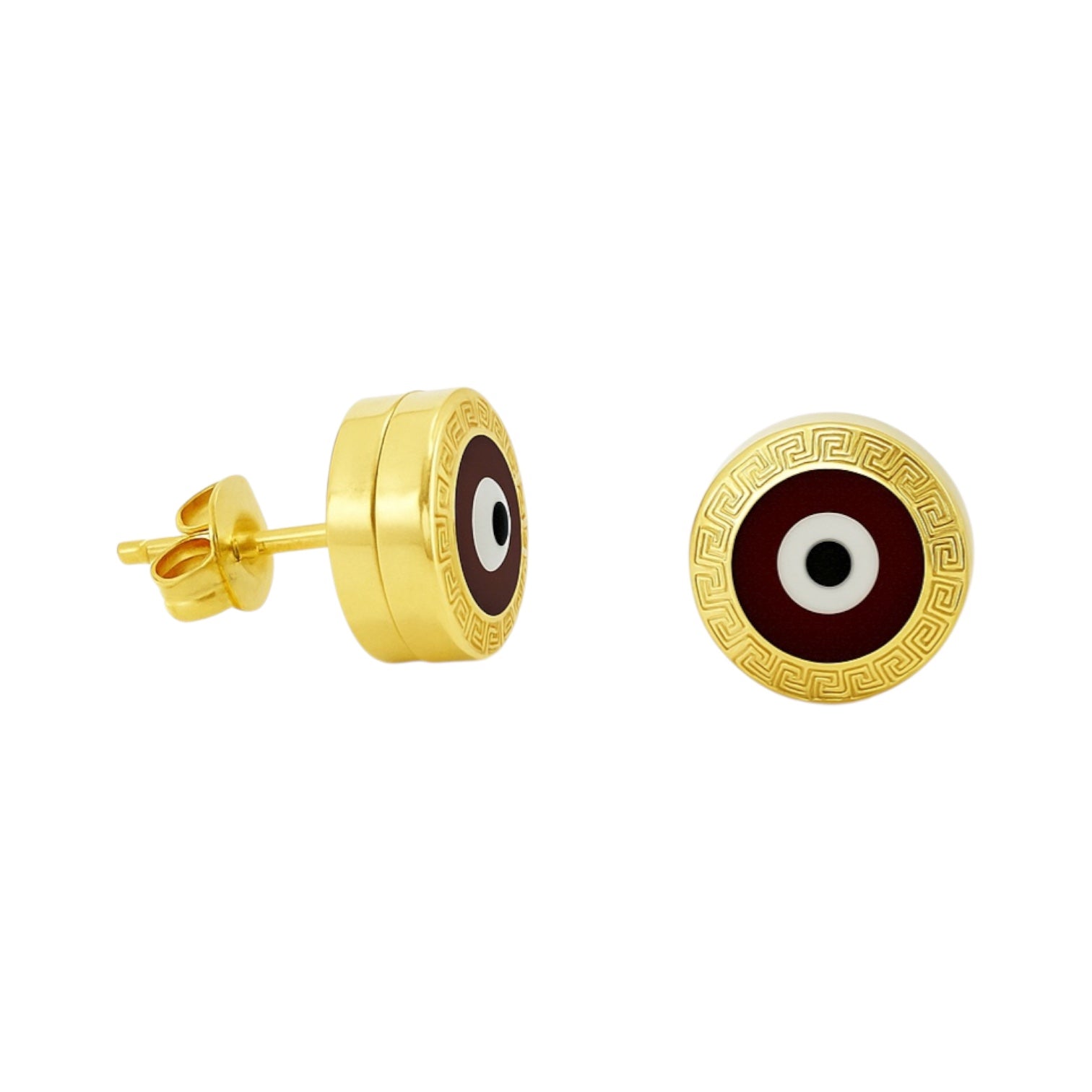 14K Yellow Gold 8mm Round Red Evil Eye Stud Earrings