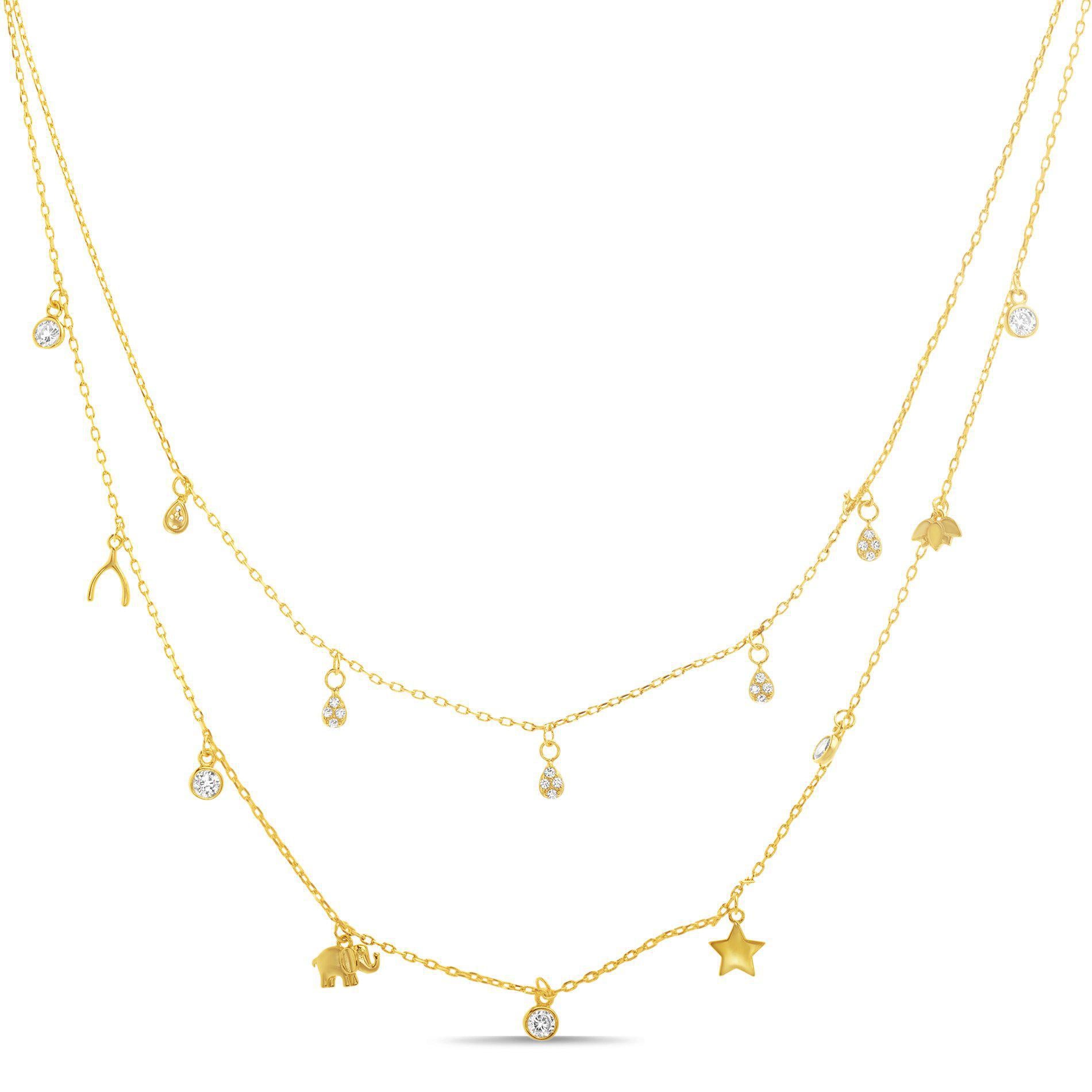 STERLING SILVER GOLD CZ TEAR DROP/ROUND W/ WISH BONE,ELEPHANT ,BIRD & STAR DESIGN DANGLE DOUBLE LAYERED NECKLACE - Atlanta Jewelers Supply
