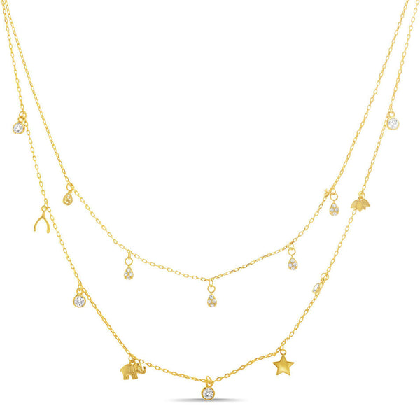 STERLING SILVER GOLD CZ TEAR DROP/ROUND W/ WISH BONE,ELEPHANT ,BIRD & STAR DESIGN DANGLE DOUBLE LAYERED NECKLACE - Atlanta Jewelers Supply