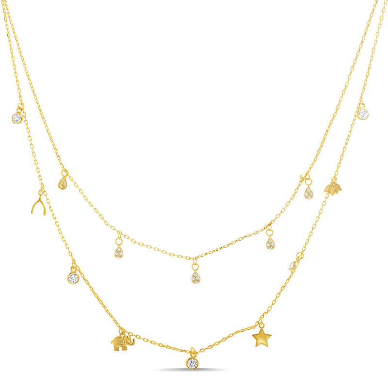 STERLING SILVER GOLD CZ TEAR DROP/ROUND W/ WISH BONE,ELEPHANT ,BIRD & STAR DESIGN DANGLE DOUBLE LAYERED NECKLACE - Atlanta Jewelers Supply