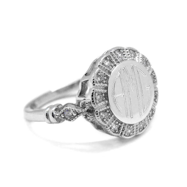 Beautiful Sterling Silver Engravable Rachel round flower CZ Ring - Atlanta Jewelers Supply