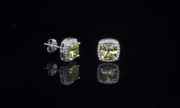 STERLING SILVER LAB CREATED PERIDOT CUSHION W/ CZ HALO SQUARED STUD EARRING - Atlanta Jewelers Supply