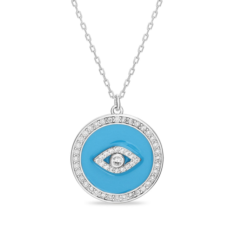 STERLING SILVER ENAMEL & MULTI COLOR CZ EVIL EYE W/ CZ BORDER DISC NECKLACE - Atlanta Jewelers Supply