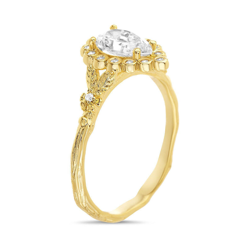 GOLD TEARDROP CZ CENTER W/ CZ BORDER FLORAL DESIGN WAVY BAND RING - Atlanta Jewelers Supply