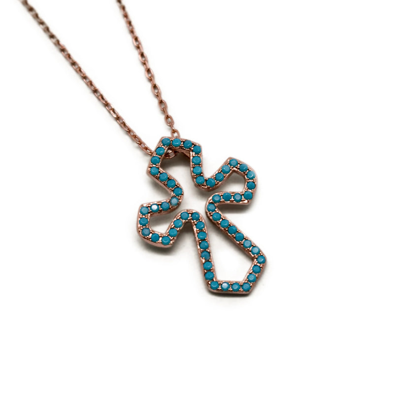 Sterling Silver Rose Gold Plated Blue Stone Cross Necklace