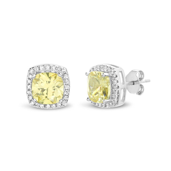 STERLING SILVER LAB CREATED PERIDOT CUSHION W/ CZ HALO SQUARED STUD EARRING - Atlanta Jewelers Supply