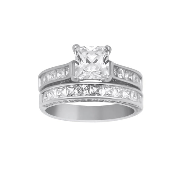 Sterling Silver Square Cut Stackable Wedding/Engagement Ring Set