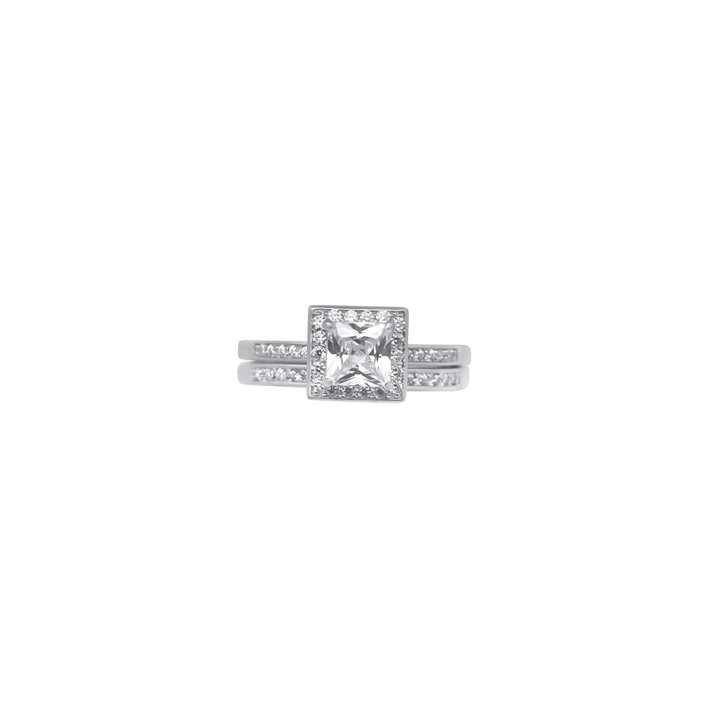 Sterling Silver Square Cut Halo Stackable Wedding/Engagement Ring Set