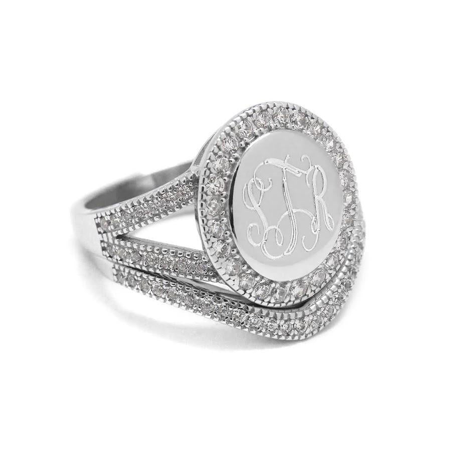 Azane Ring Elegant Engravable Zane Oval Sterling silver Cz Ring with Curved band ...