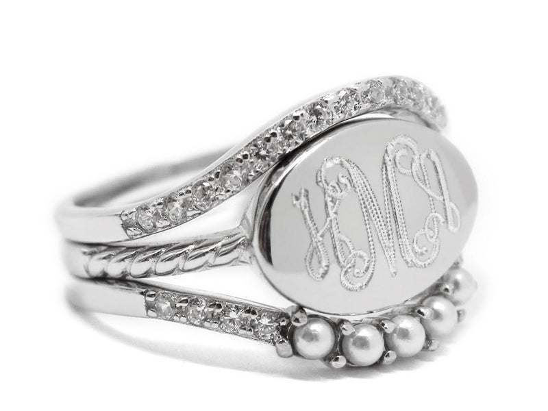 Sterling Silver Engravable Pearl Rope Cz Triple Ring - Atlanta Jewelers Supply