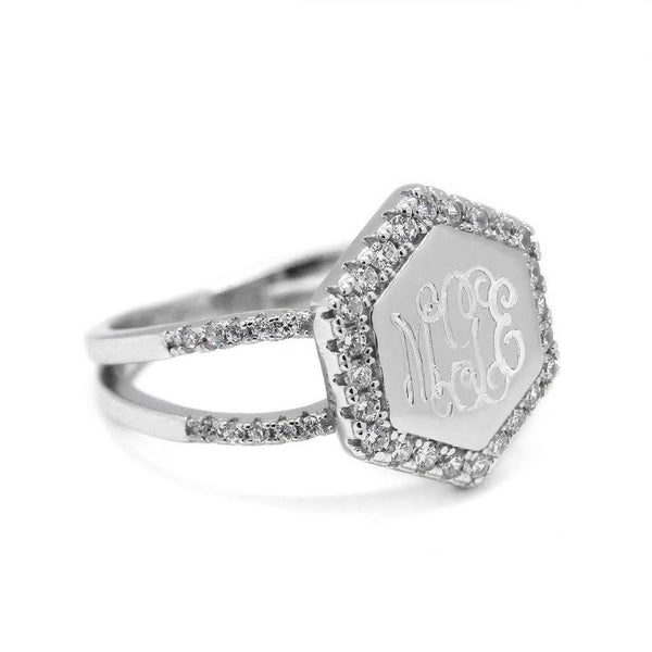Mesmerizing Engravable Lena Hexagon Sterling Silver ring with wider Split Band - Atlanta Jewelers Supply