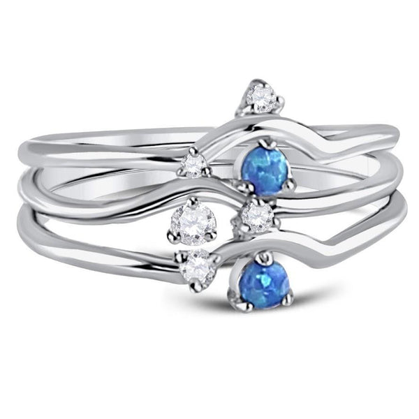 STERLING SILVER 3 BANDS RING WITH SMALL BLUE OPAL AND CLEAR CZ - Atlanta Jewelers Supply