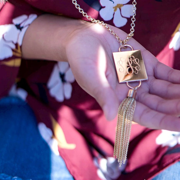 Engravable Fashion Rectangle Tassel Necklace In Gold And Silver - Atlanta Jewelers Supply