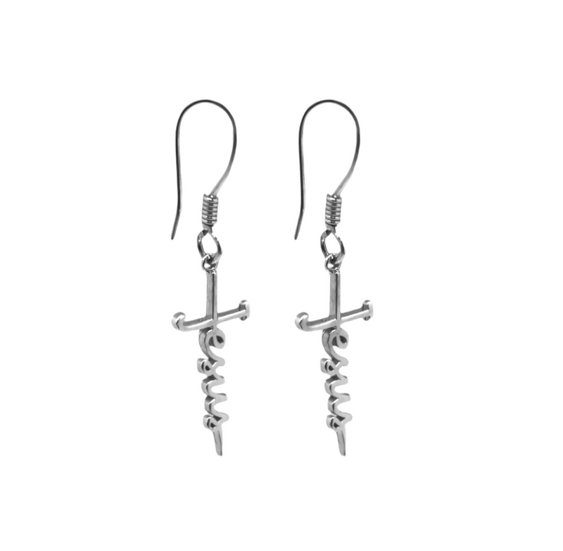 Sterling Silver "Jesus" Cursive Cross Earrings