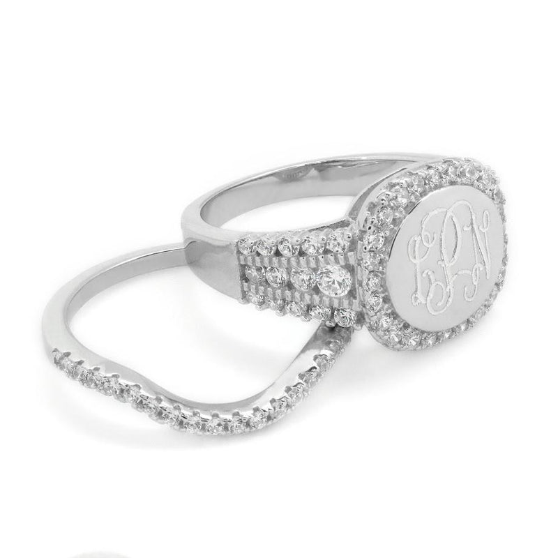 Sterling Silver Engravable Mahy Cushion CZ Ring with Stackable curved band - Atlanta Jewelers Supply