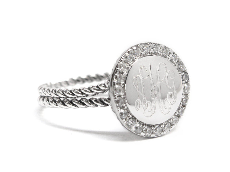 Sterling Silver Round Engravable CZ Ring With Roped Band - Atlanta Jewelers Supply