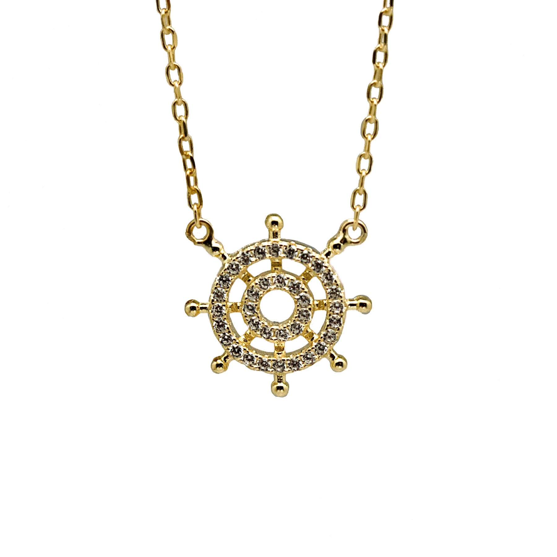 Sterling Silver Gold Plate CZ Ship Wheel Necklace