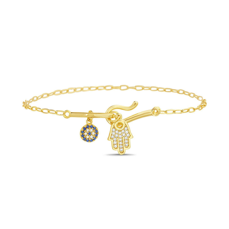 GOLD CZ HAMSA & EVIL EYE HOOK CLASP CHARM BRACELET - Atlanta Jewelers Supply