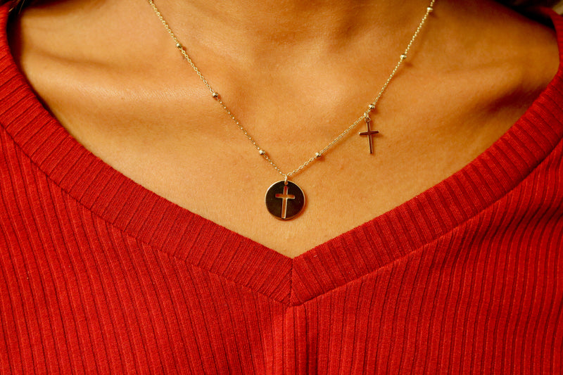 Sterling Silver Gold Open Cross Disc Polished Cross Necklace