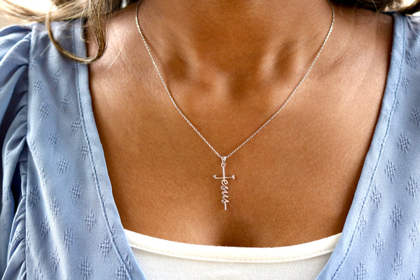 Sterling Silver "Jesus" Cursive Cross Necklace