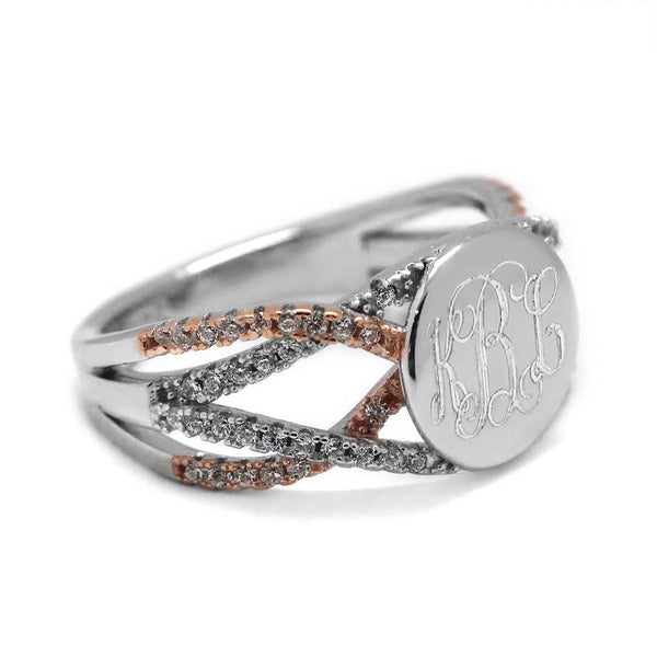 Alluring Engravable Ally Round CZ Ring with two tones crisscoss band - Atlanta Jewelers Supply