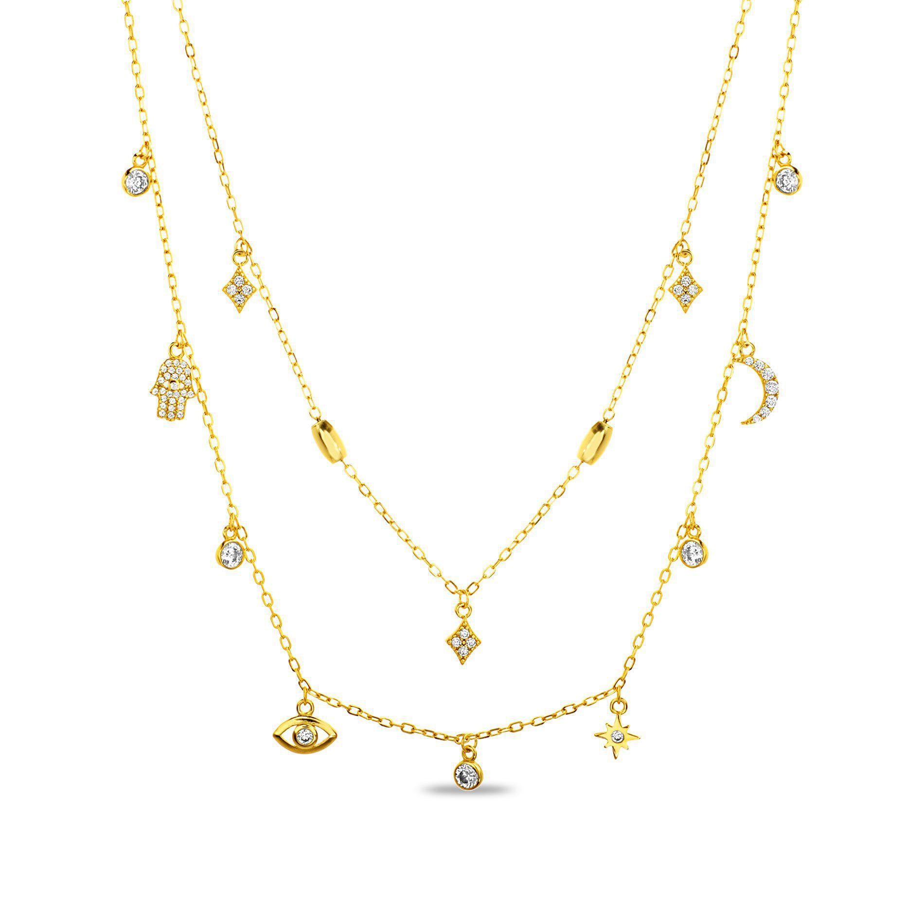 GOLD CZ HAMSA,EVIL EYE,STAR BURST,DIAMOND,CRESCENT ,ROUND DESIGN DANGLE DOUBLE LAYERED NECKLACE - Atlanta Jewelers Supply