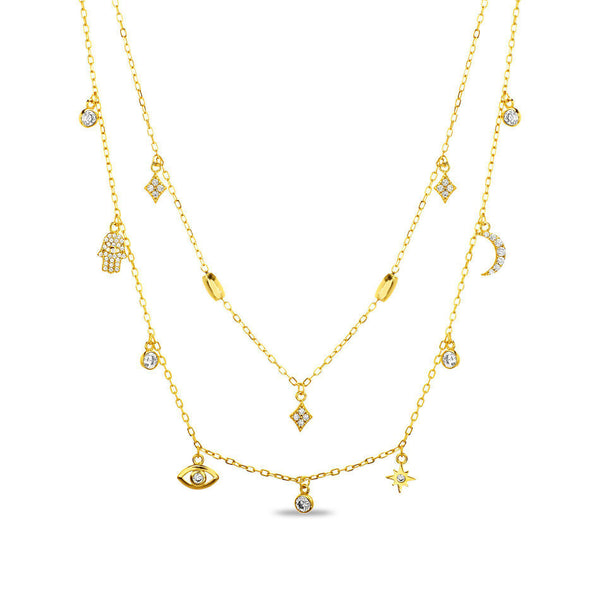 GOLD CZ HAMSA,EVIL EYE,STAR BURST,DIAMOND,CRESCENT ,ROUND DESIGN DANGLE DOUBLE LAYERED NECKLACE - Atlanta Jewelers Supply