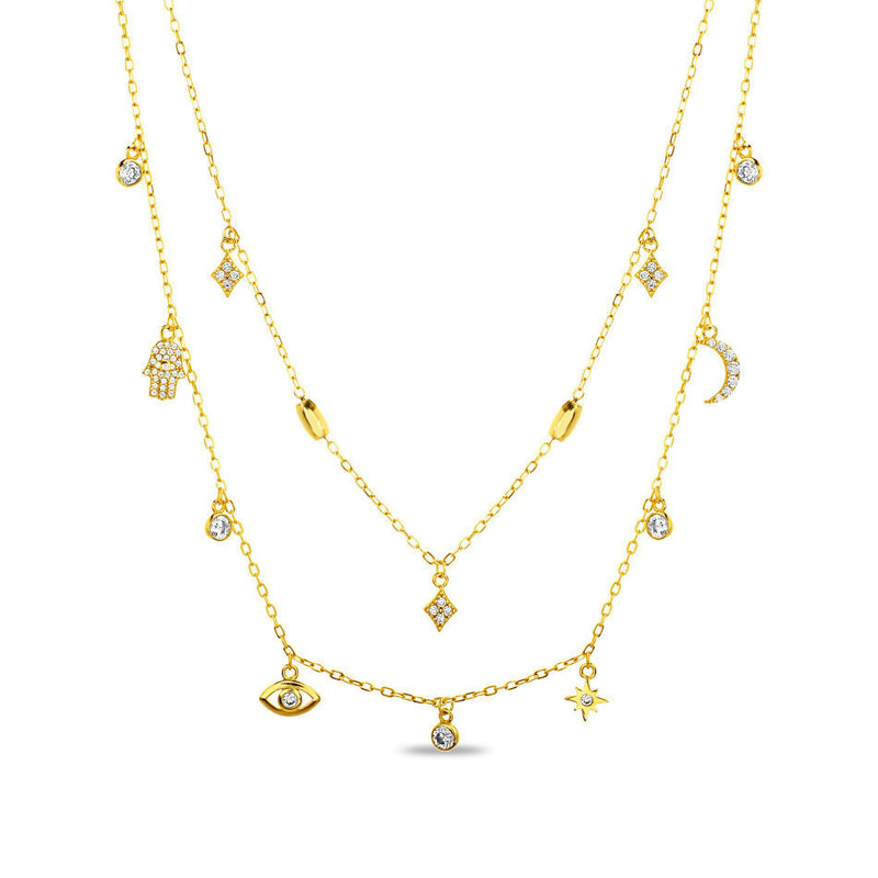 GOLD CZ HAMSA,EVIL EYE,STAR BURST,DIAMOND,CRESCENT ,ROUND DESIGN DANGLE DOUBLE LAYERED NECKLACE - Atlanta Jewelers Supply