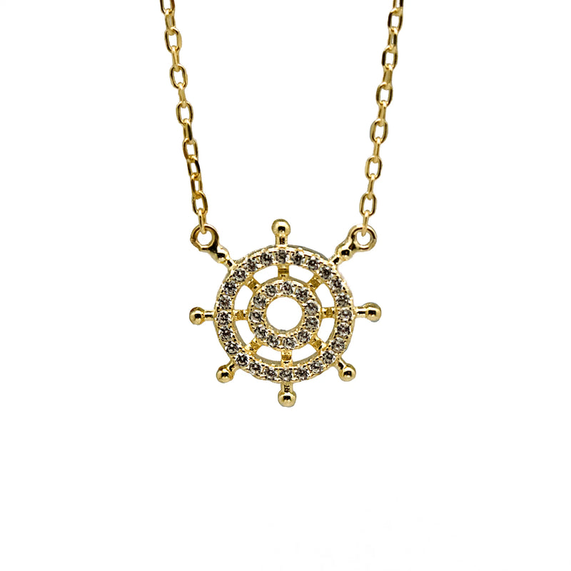 Sterling Silver Gold Plate CZ Ship Wheel Necklace