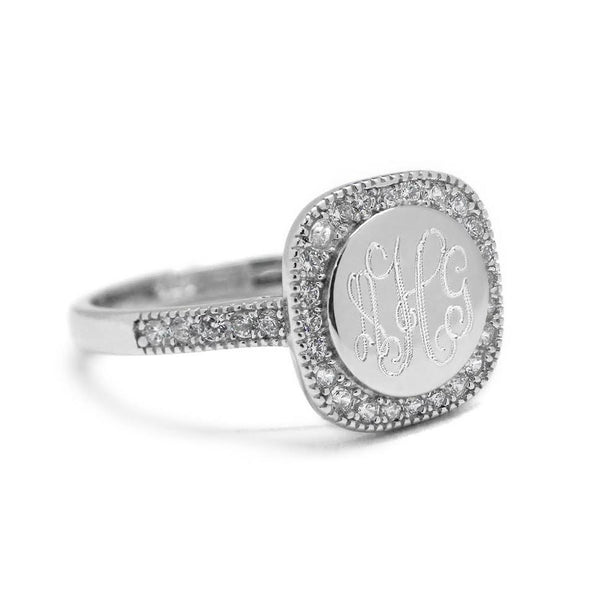 Sterling Silver Engravable Siara Cushion Square Straight Band CZ Ring - Atlanta Jewelers Supply