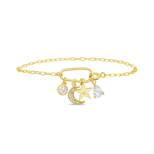 GOLD CZ MOON & STAR SPRING RING CLASP CHARM BRACELET - Atlanta Jewelers Supply