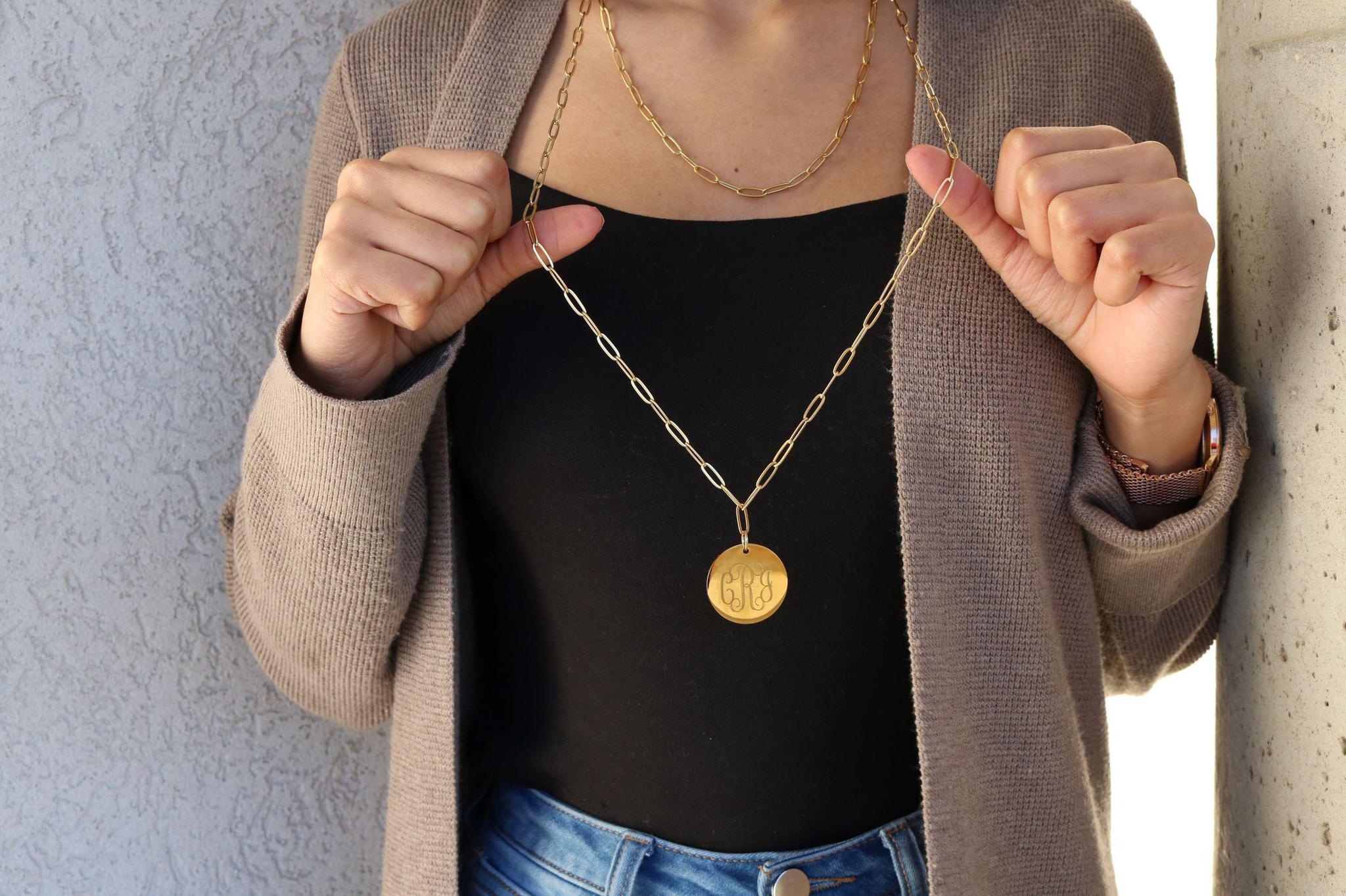 Stainless Steel Layered Gold Paper Clip Chain Engraved Necklace - Atlanta Jewelers Supply