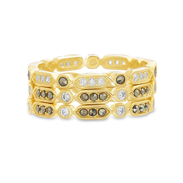 GOLD MARCASITE/CZ BAR/CIRCLE DESIGN LINK TRIO STACKABLE RING SET - Atlanta Jewelers Supply