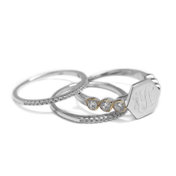 Alluring Engravable Serena Sterling Silver three diamonds delight Hexagon Stackable Ring - Atlanta Jewelers Supply