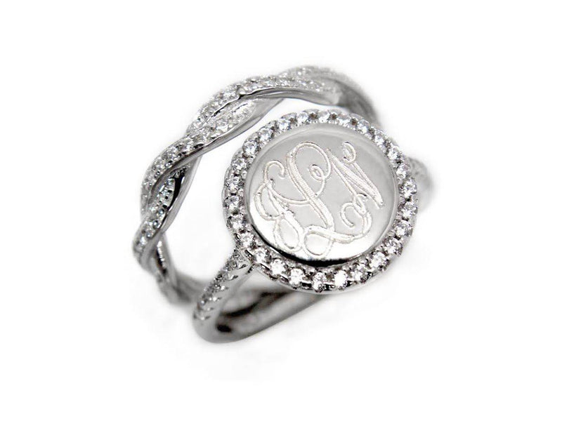 Elegant Engravable Olivia Sterling Silver Circle Double CZ Ring with Twist Band - Atlanta Jewelers Supply