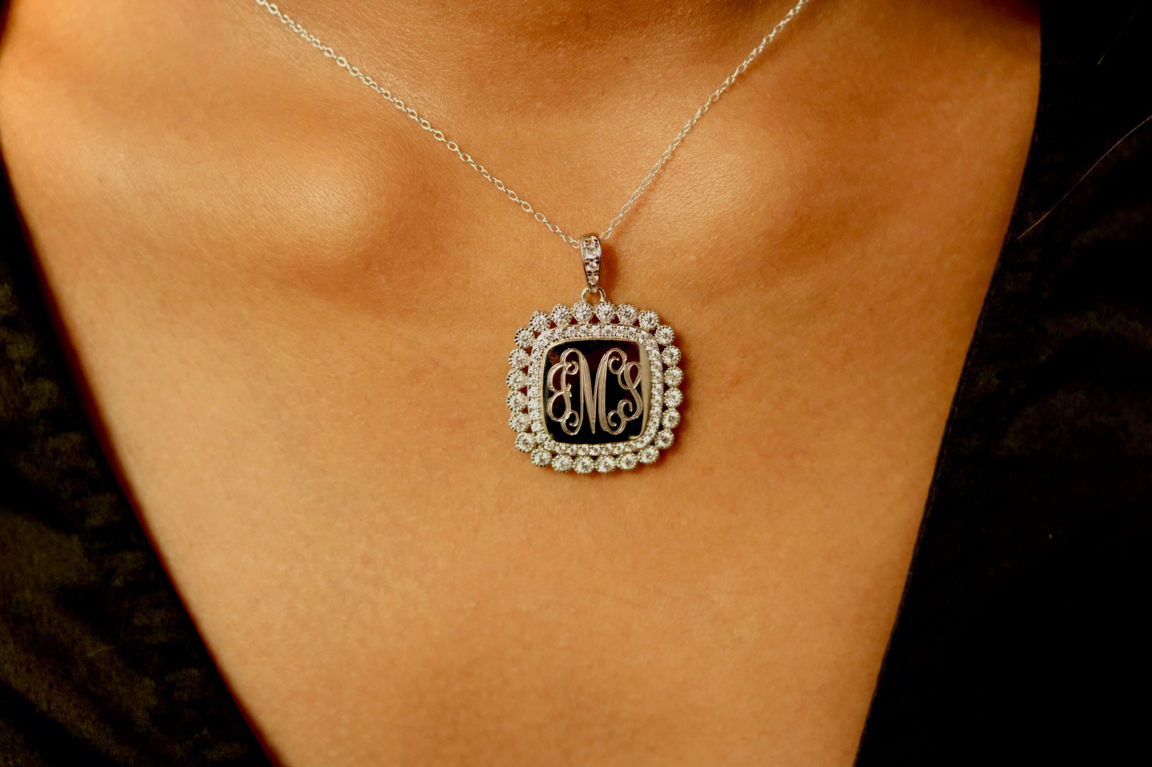 Sterling Silver Decorative Large Soft Square CZ Engravable Necklace