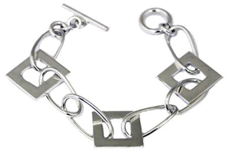 Sterling Silver Oval Link Toggle Bracelet With 3 Flat Open Cut Squares - Atlanta Jewelers Supply