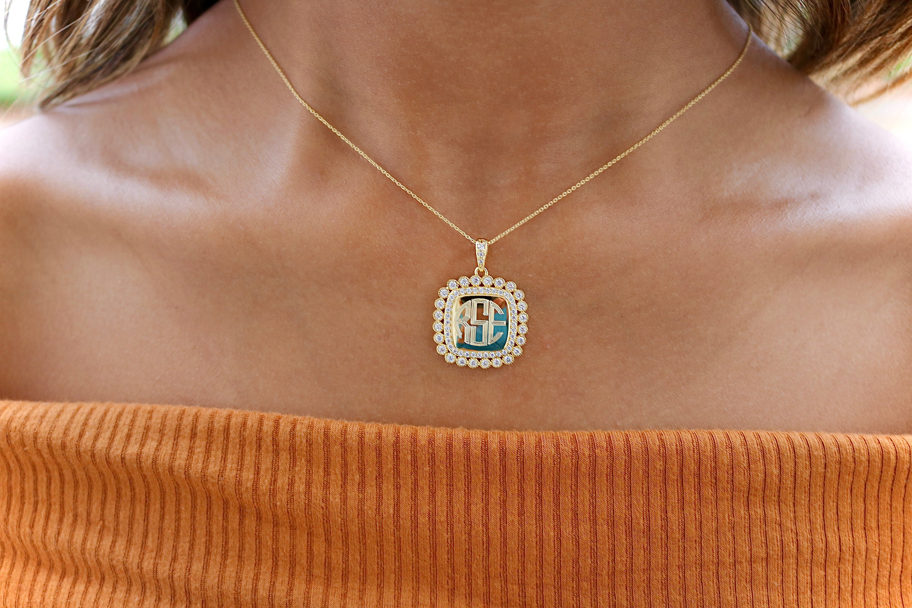 Sterling Silver Decorative Large Soft Square CZ Engravable Necklace