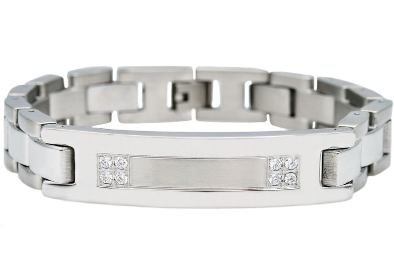 Engravable Mens Stainless Steel ID Bracelet With Cubic Zirconia (Available in Gold and Silver)