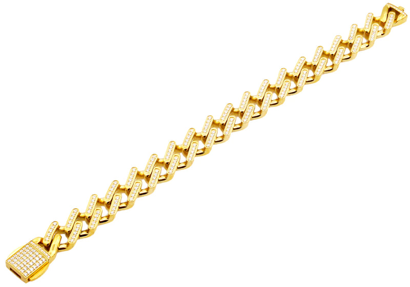 14mm Mens Gold Stainless Steel Monaco Link Chain Bracelet 8.5" With Cubic Zirconia (Available in Gold and Silver)